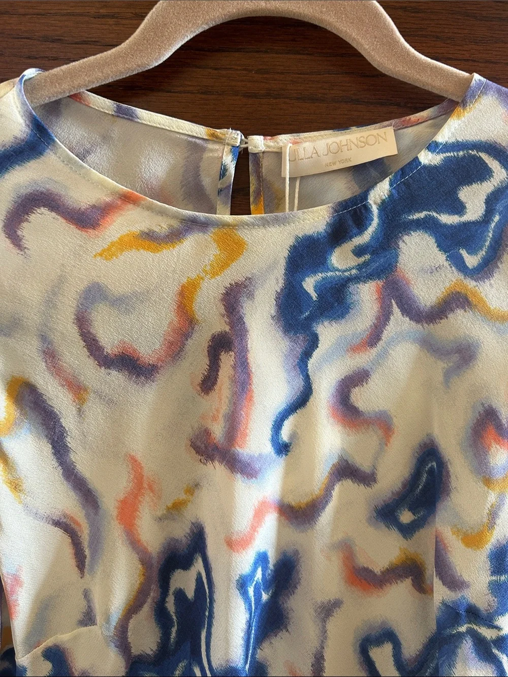 Ulla Johnson Cream Silk Blouse with Blue, Yellow & Pink Abstract Print
